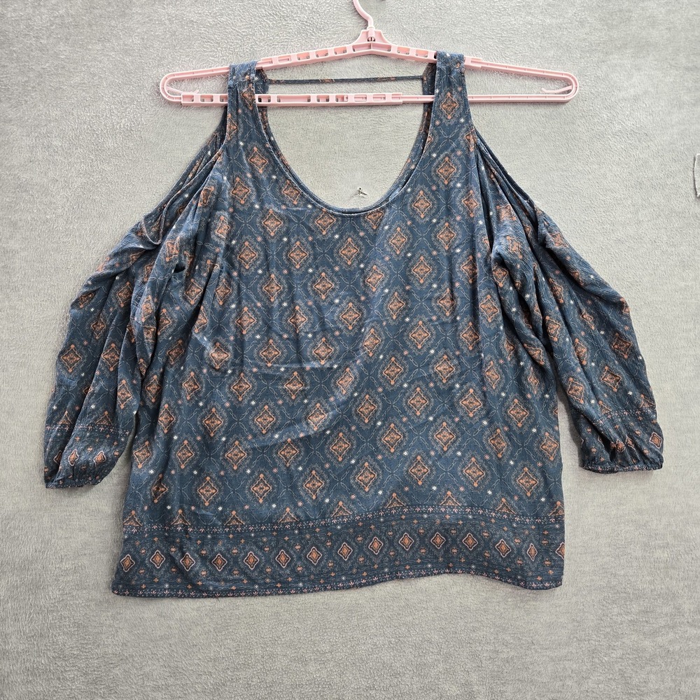 Torrid Women Blouse‎ 4 Blue Geometric Cold Shoulder Gauze Pullover